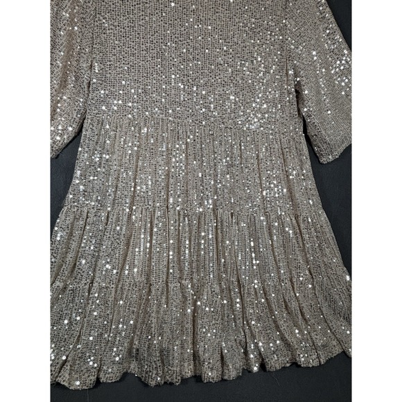 Amazing Lace Women's Sequin Babydoll Dress Size M Champagne Gold Balloon Sleeve - Picture 7 of 16